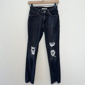 Levi's 721 Black Wash Denim Distressed Raw Hem High Rise Skinny Jeans size 25